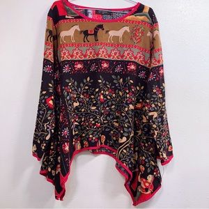 O-nelue Vintage Print
Asymmetrical Hem Long Sleeve Sun Blouse